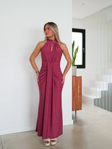 Lurex halter oval burgundy dress