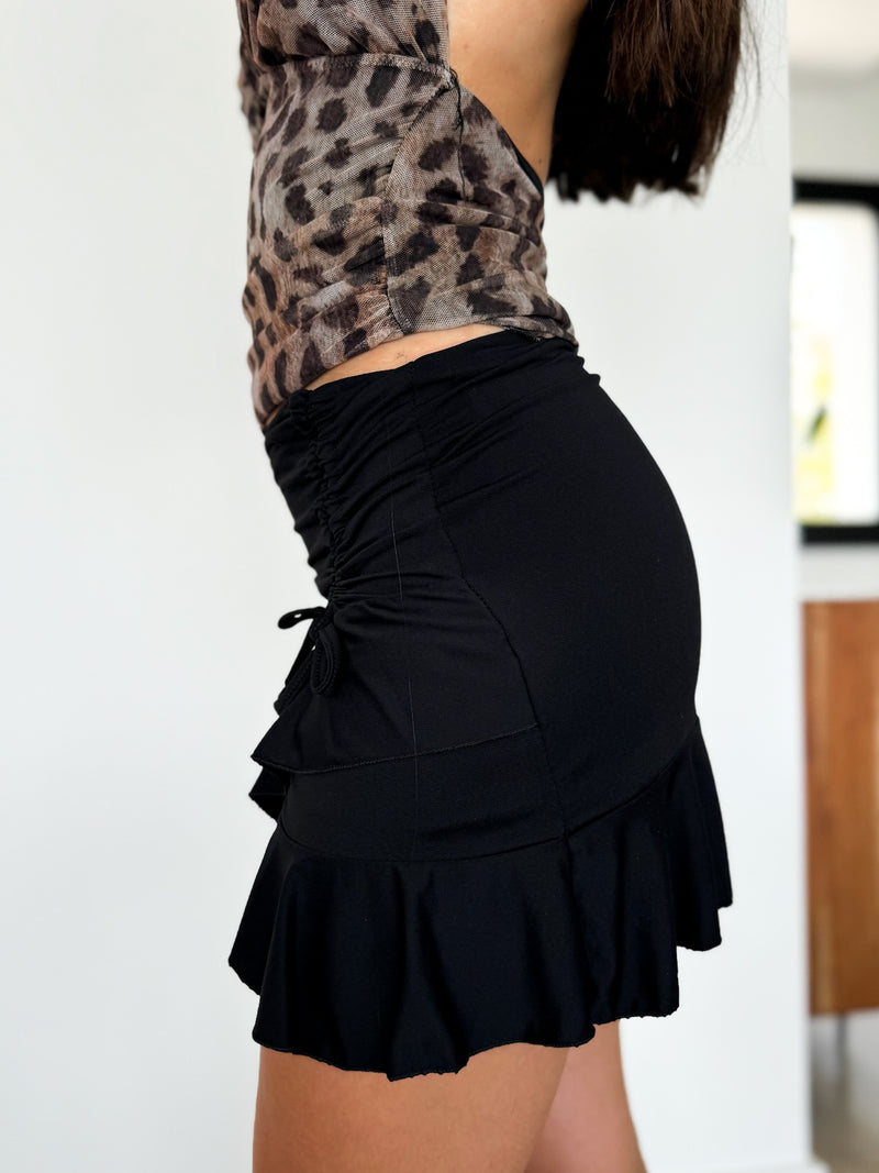 Black mini gathered skirt