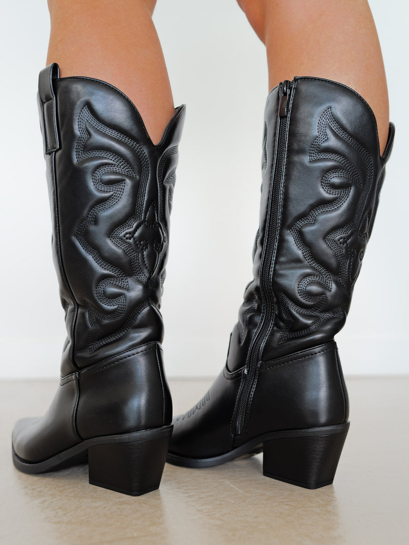 Black cowboy leather effect boot