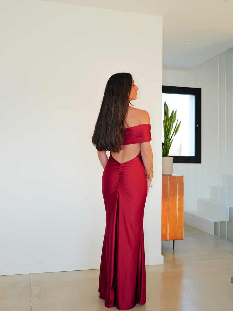 Burgundy satin bardot back dress