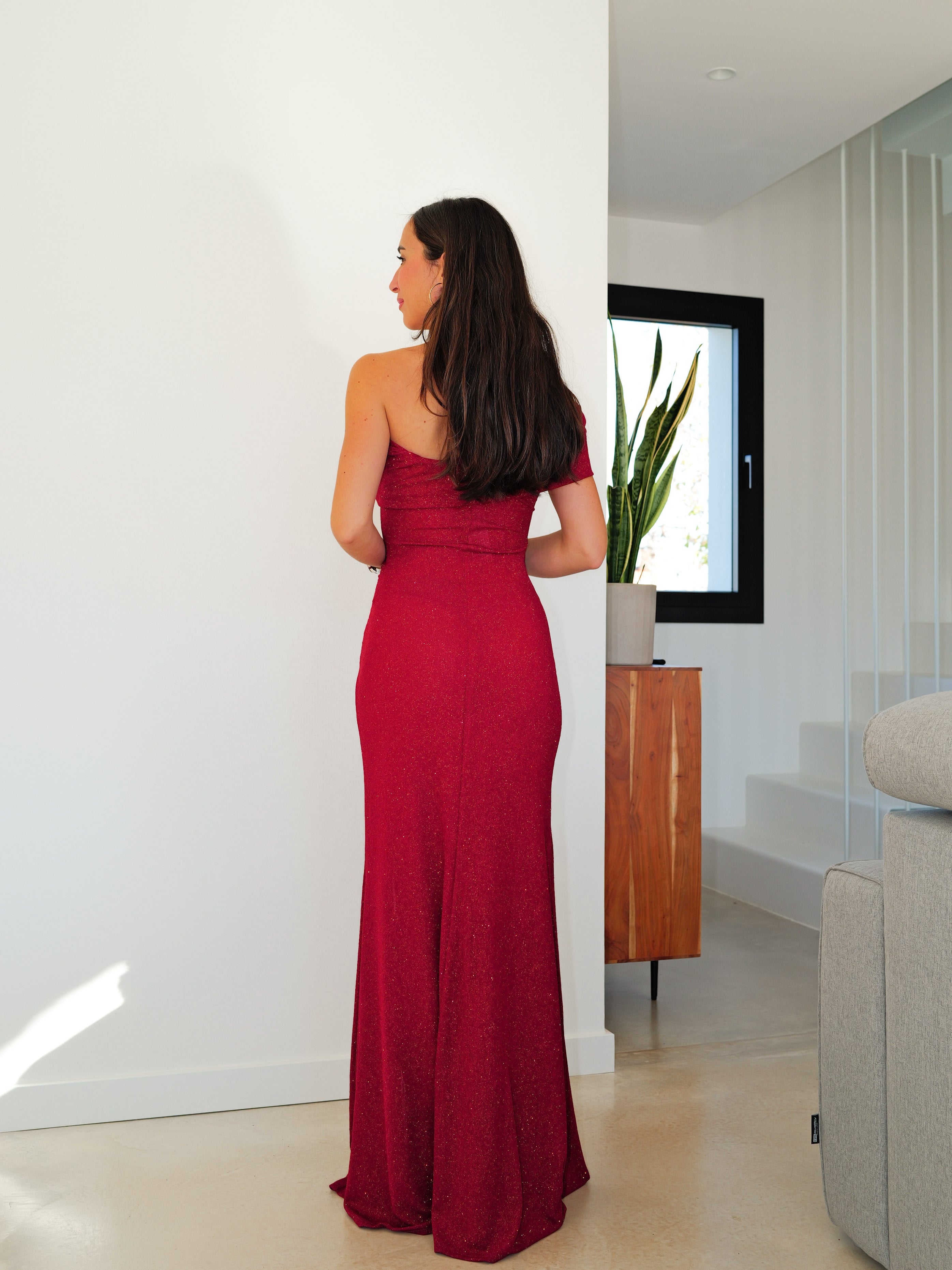 Asym lurex bardot burgundy dress