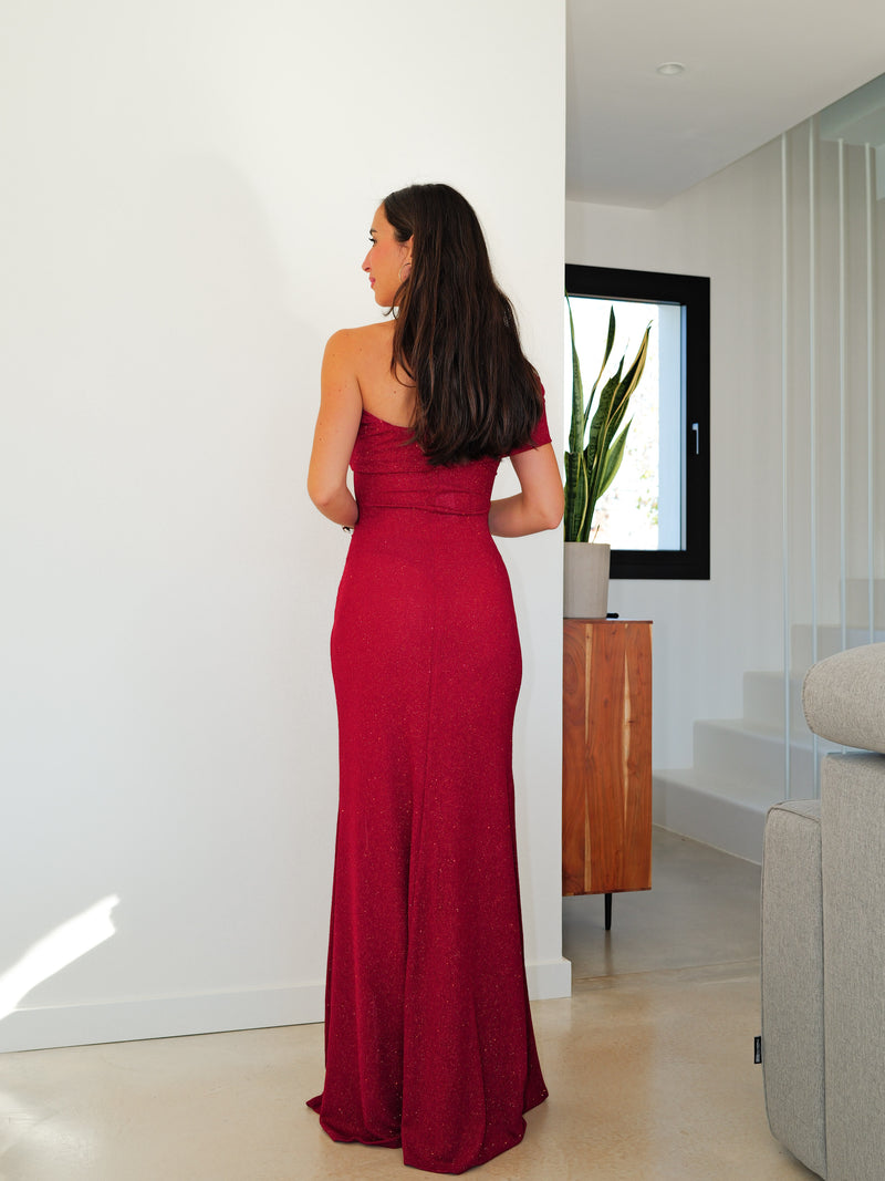 Asym lurex bardot burgundy dress