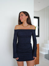 Mini lurex dress navy bell sleeve