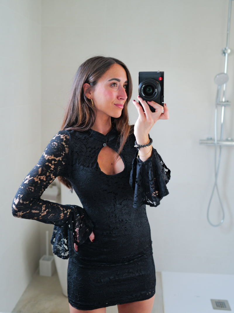 Black oval lace mini dress