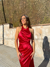 Long red draped halter dress