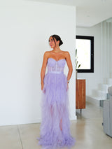 Corset dress lace ruffles purple