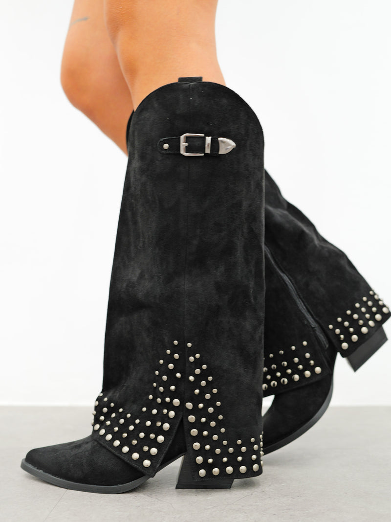 Black suede studded heel boot