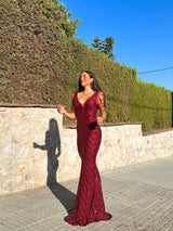 Wine mermaid pearl neckline dress