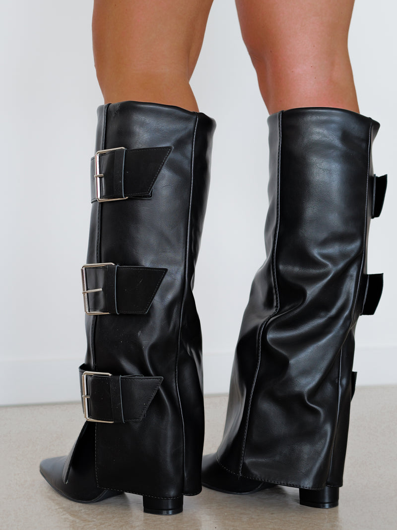 Heeled boot with silver buckles flap heel