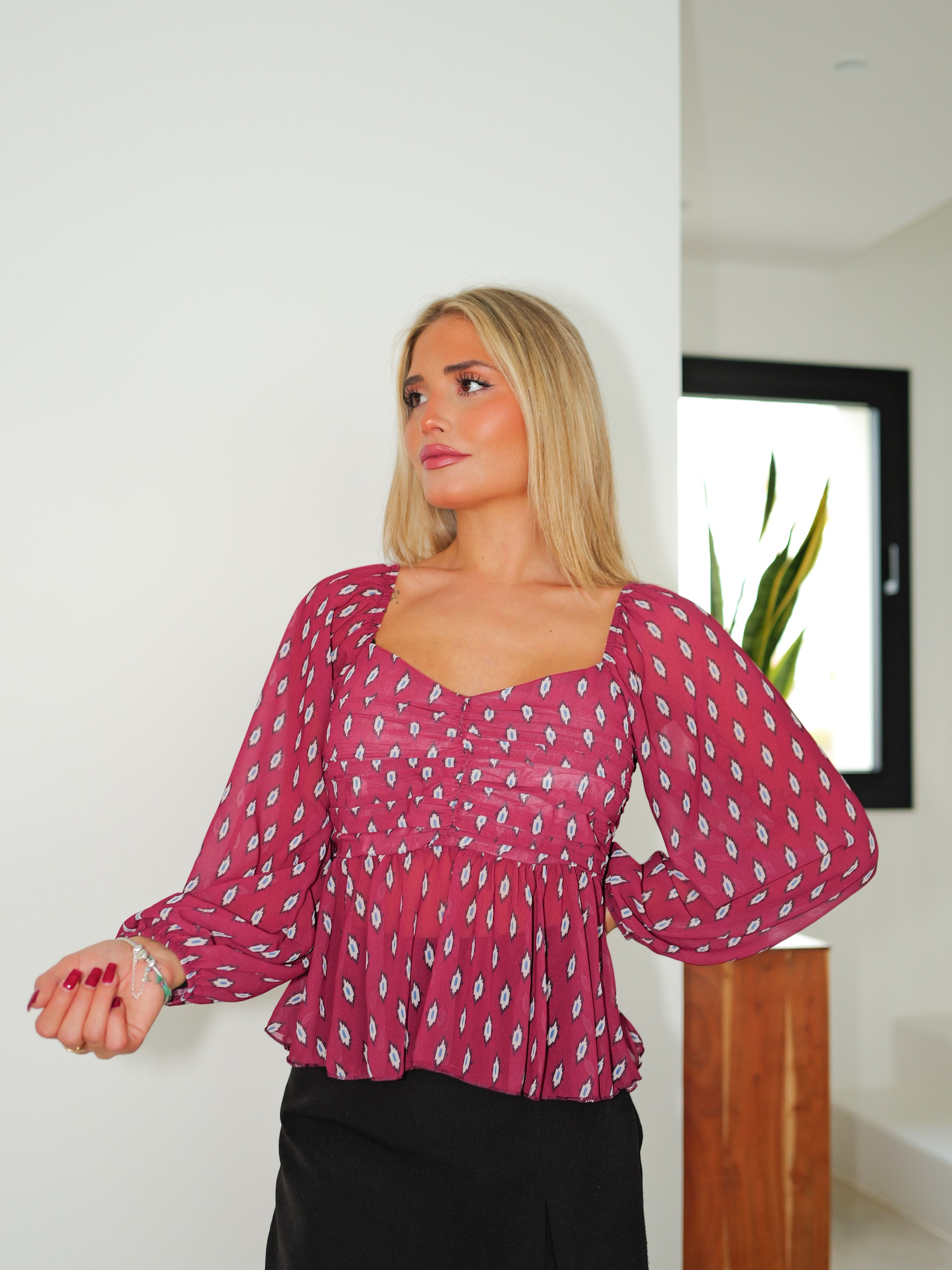 Burgundy chiffon sleeve blouse