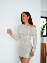 Vestido mini asimetrico glitter beige