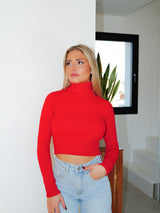 Red turtleneck crop sweater