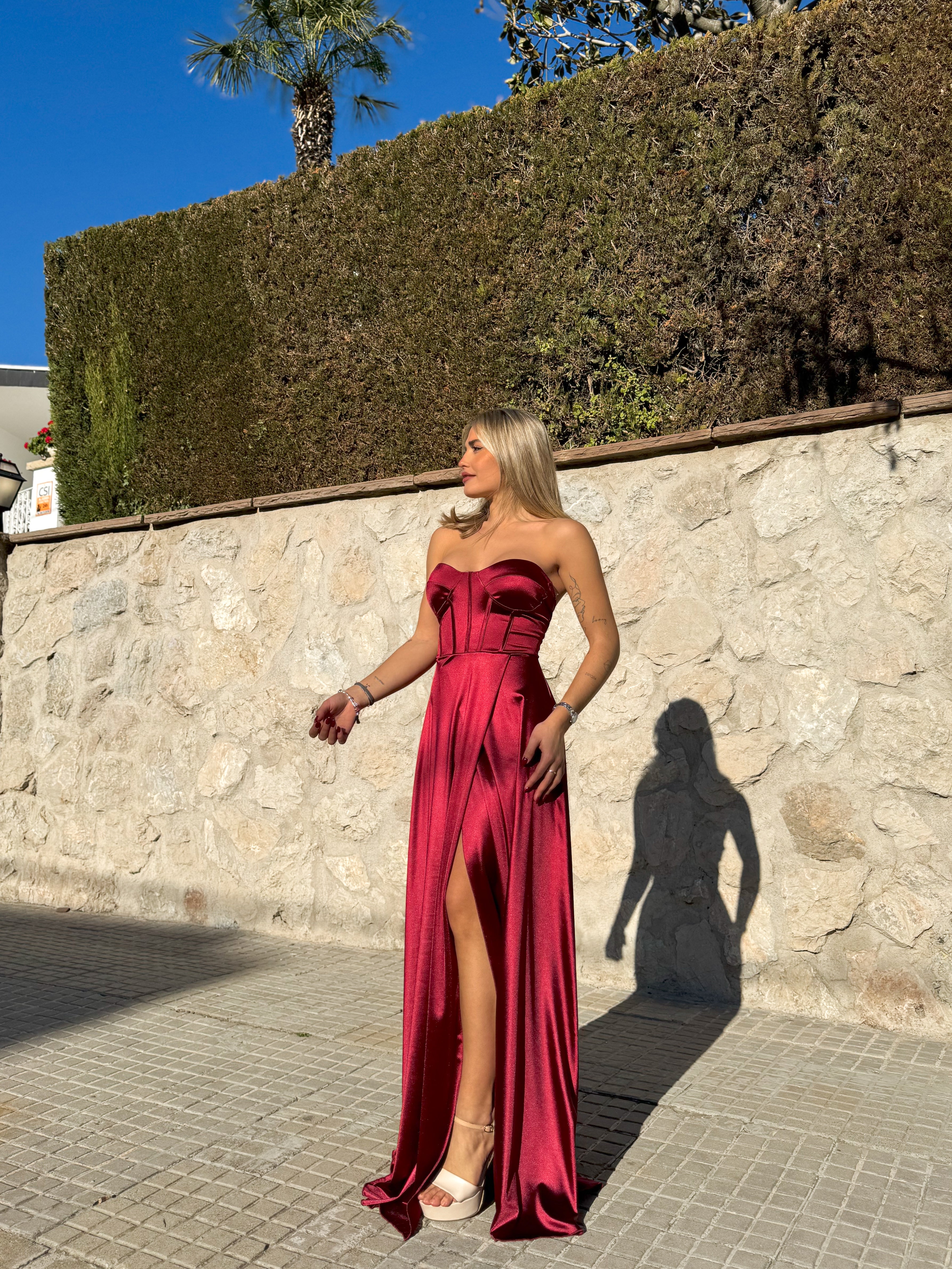 Burgundy satin strapless dress