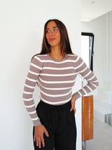 Striped sleeves ribbed sweater ecru