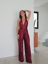 Burgundy bow back glitter jumpsuit