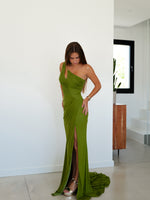 Green asymmetric draped dress