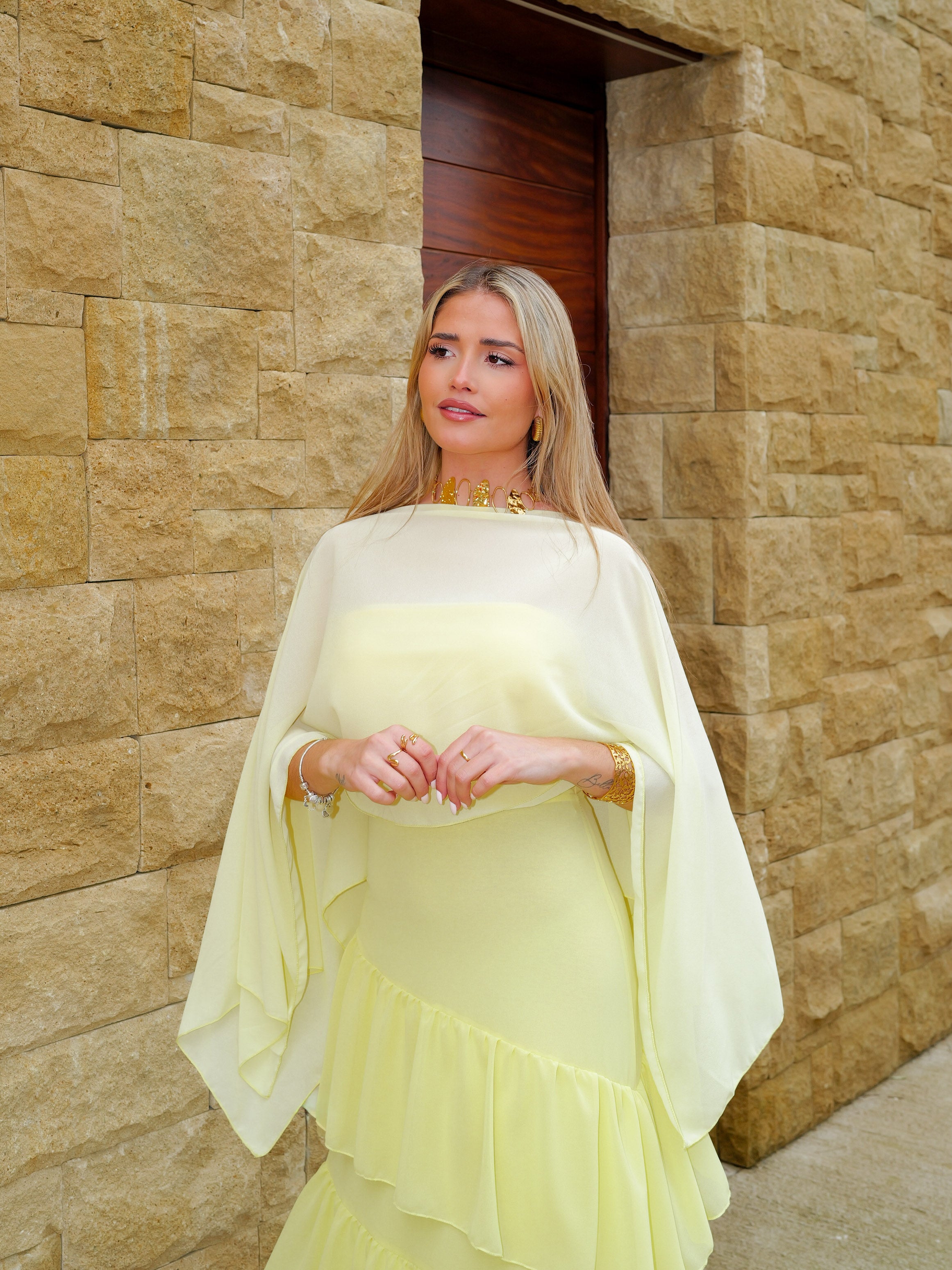 Gauze cape shawl yellow