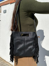 Black fringed smooth leather bag