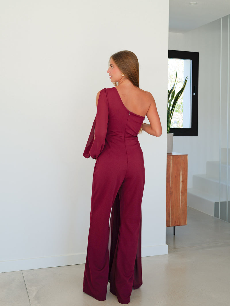 Bordeaux tulle sleeve jumpsuit