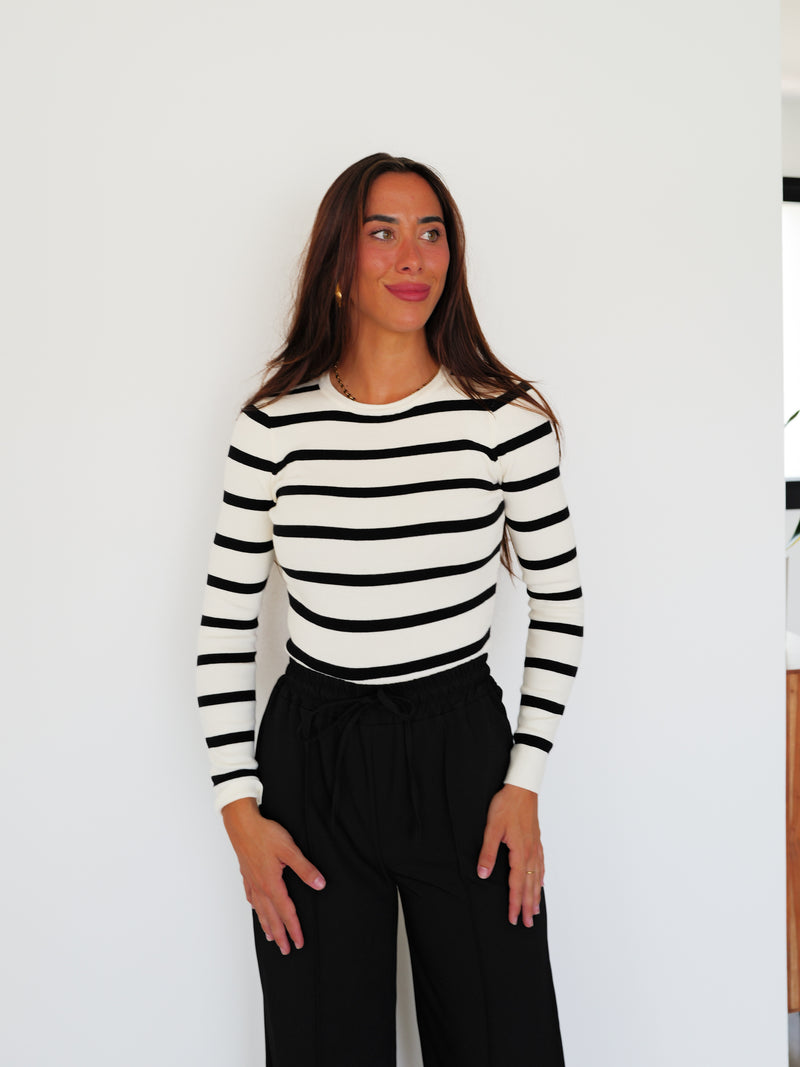 White striped ribbed sleeve sweater