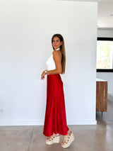 Red satin midi skirt