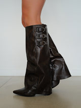 Brown three-buckle heeled boot