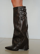 Brown three-buckle heeled boot