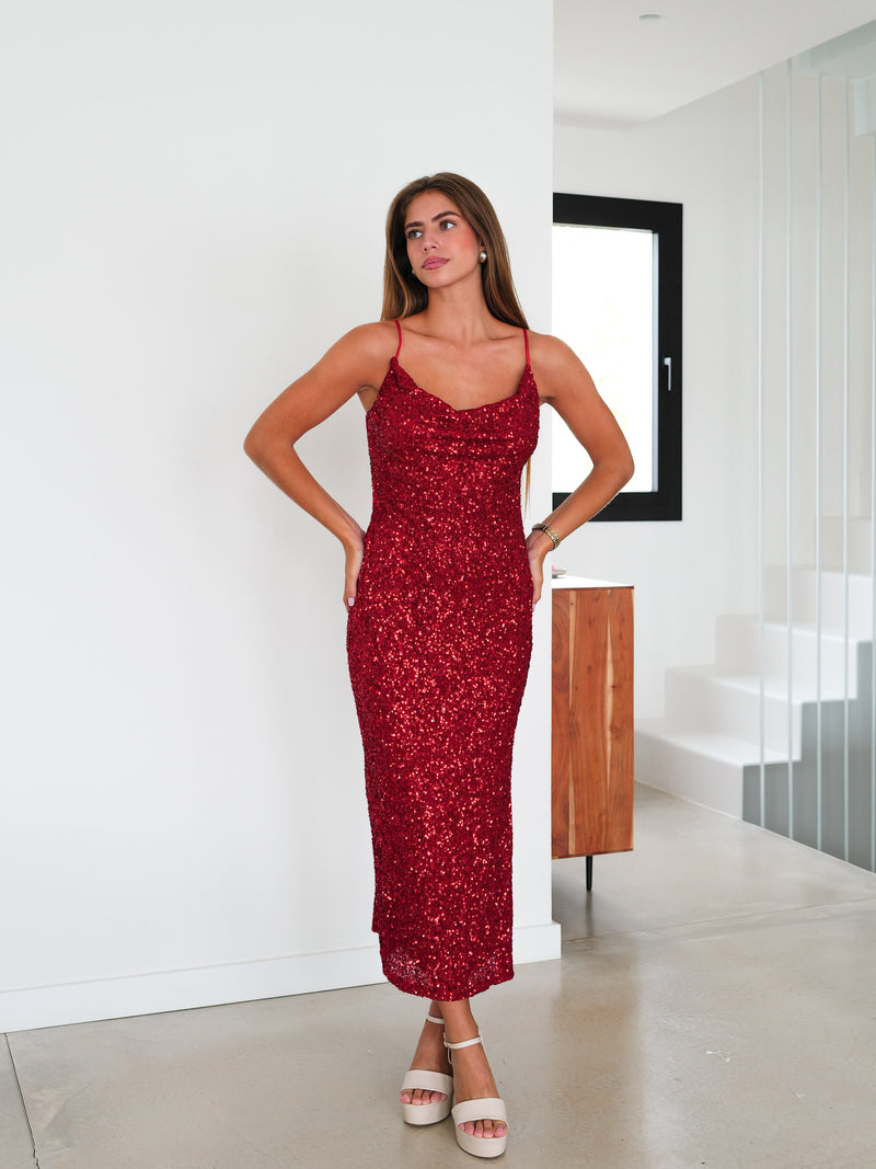 Red glitter waterfall midi dress