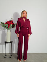 Burgundy tulle tie sleeves jumpsuit