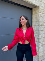 Red satin lace blouse