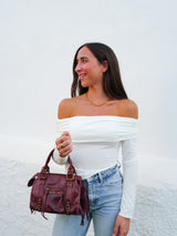 Burgundy matte leather buckles bag