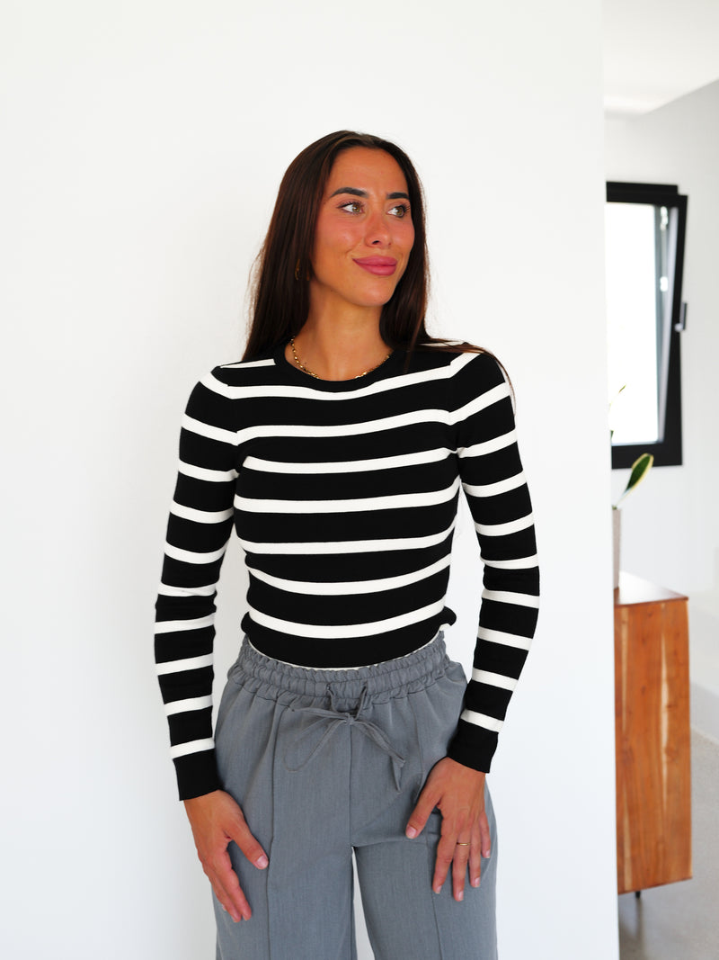 Black striped ribbed sleeve sweater