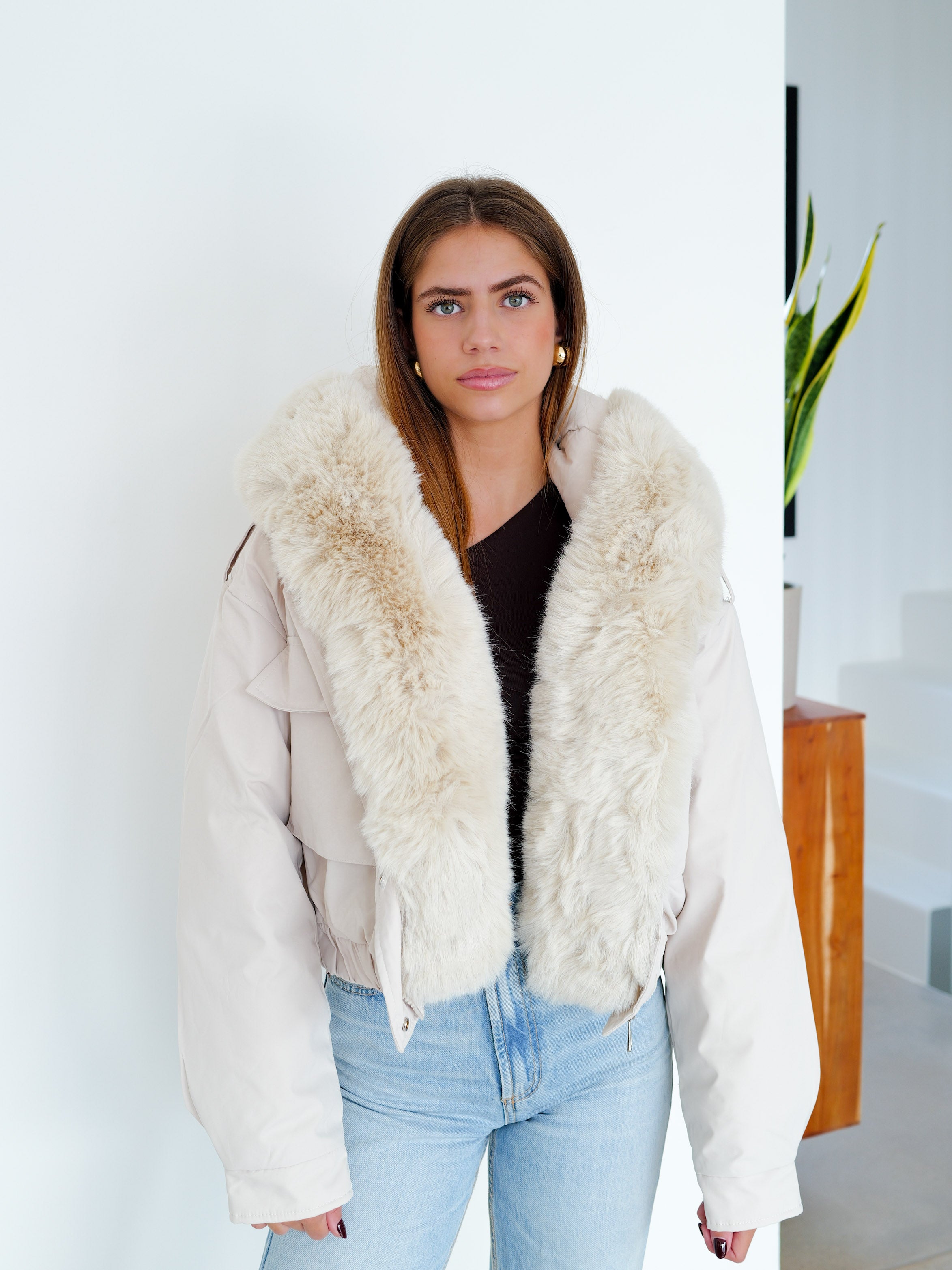 Beige fur bomber jacket