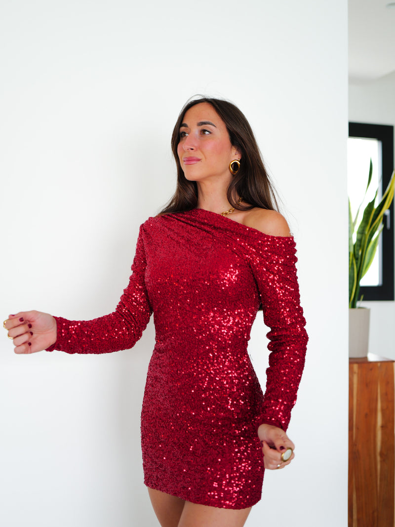 Vestido mini asimetrico glitter rojo