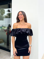 Mini velvet pompom dress black