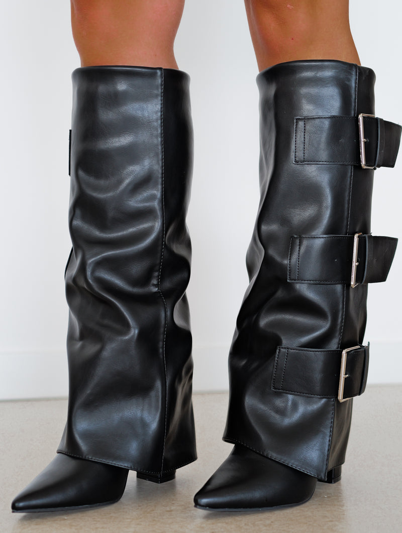 Heeled boot with silver buckles flap heel