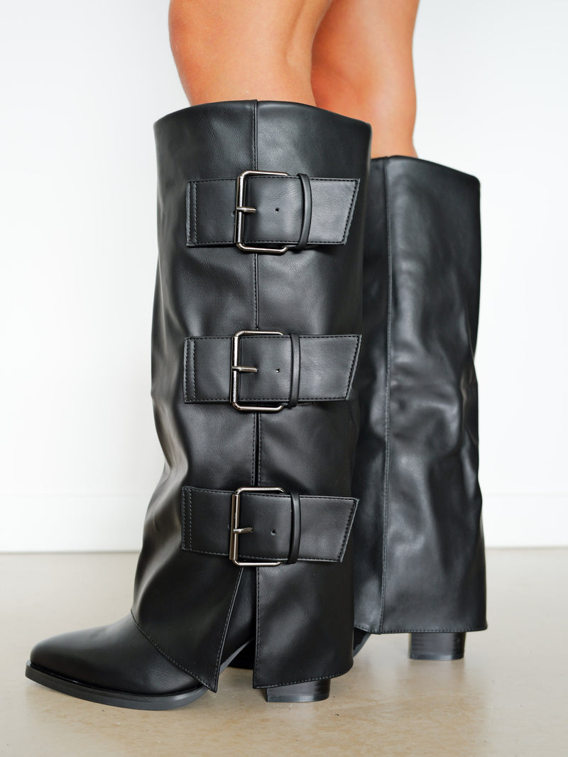 Black buckle flap heeled boots