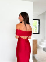 Red back satin bardot dress