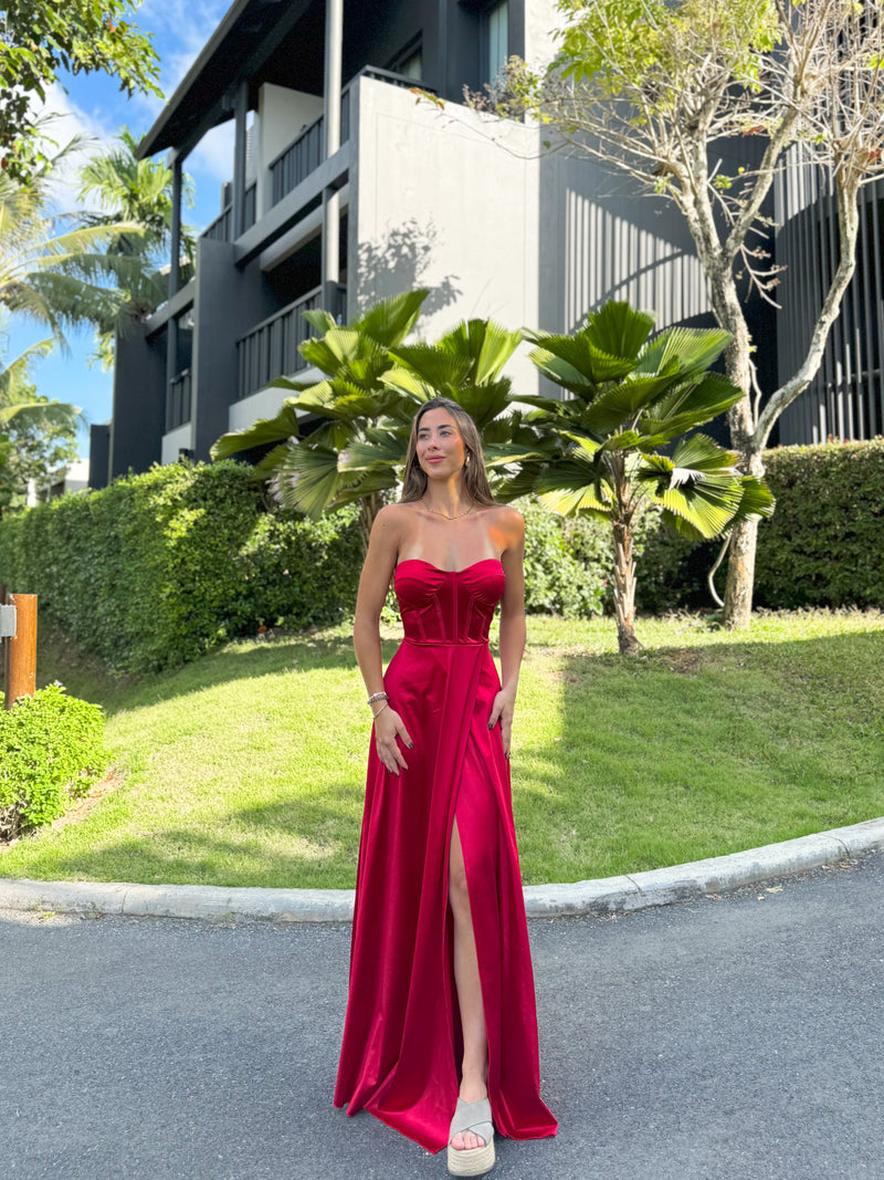 Red satin strapless dress