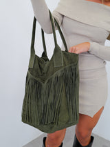 Green fringed suede bag