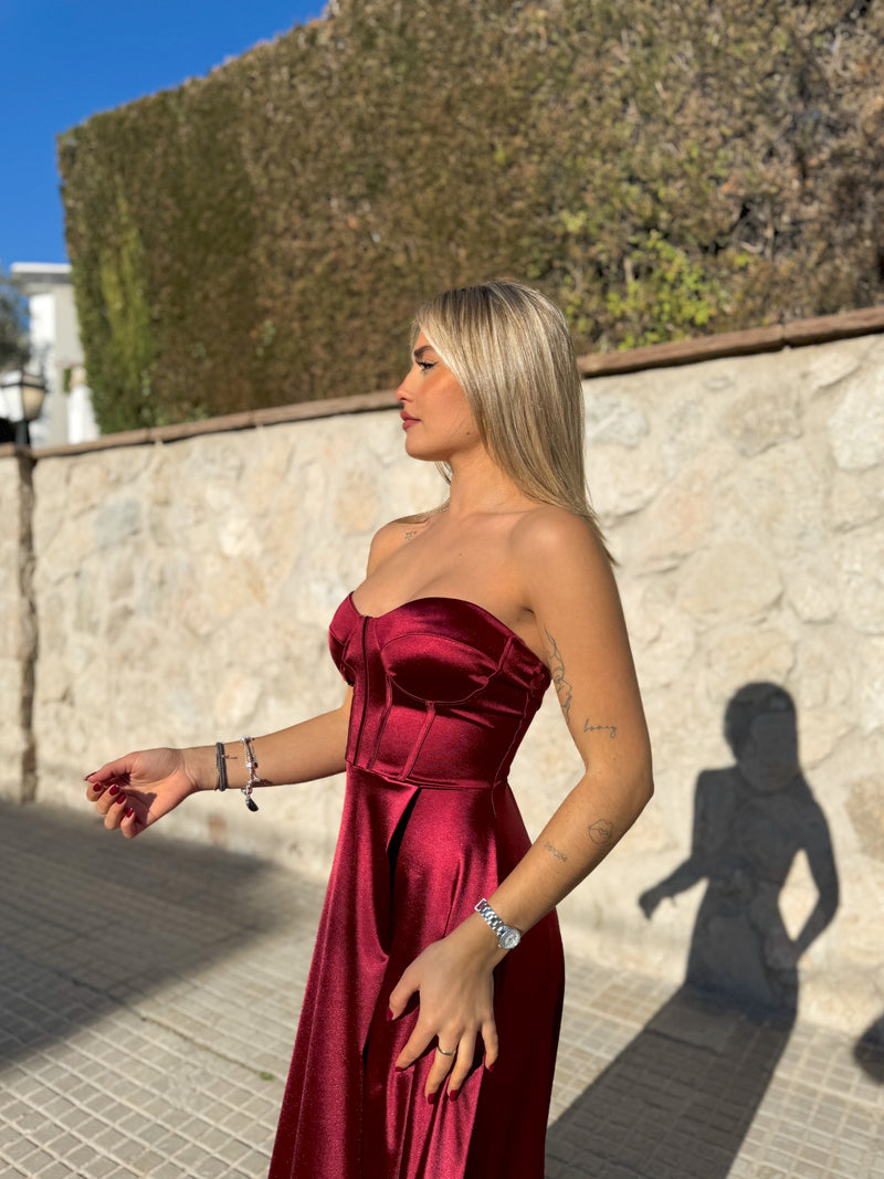 Burgundy satin strapless dress