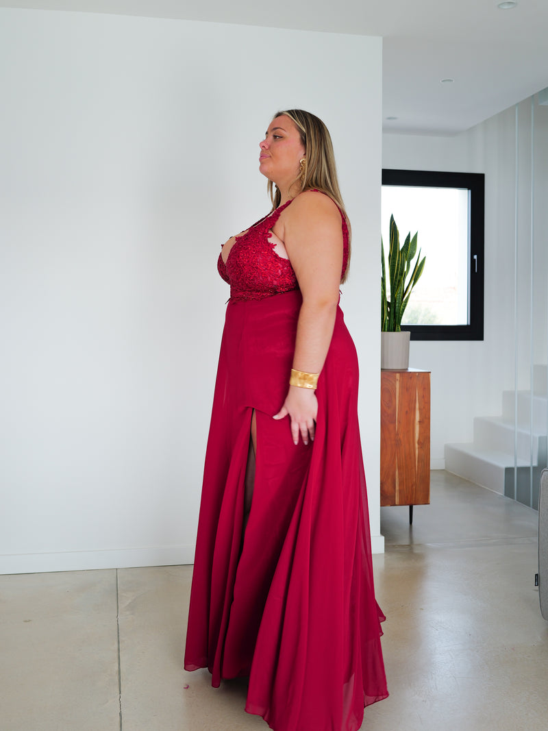 Long dress with burgundy rhinestones V neckline