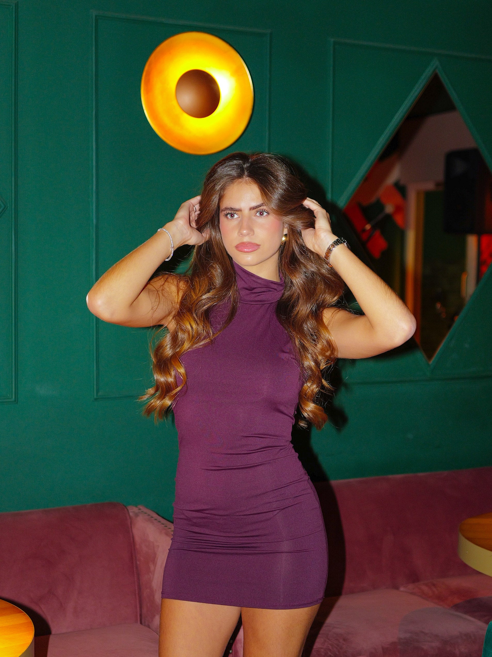 Eggplant swan neck lycra dress