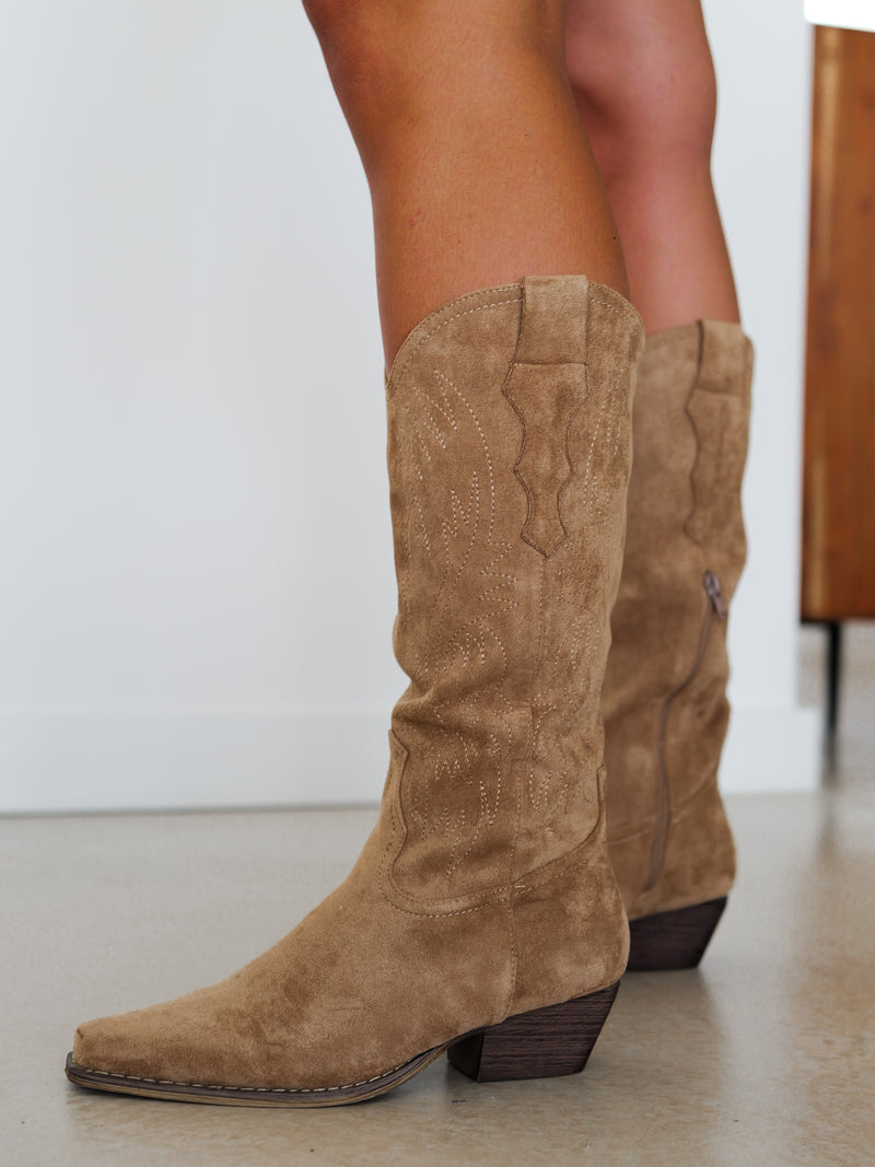 Beige suede cowboy boot