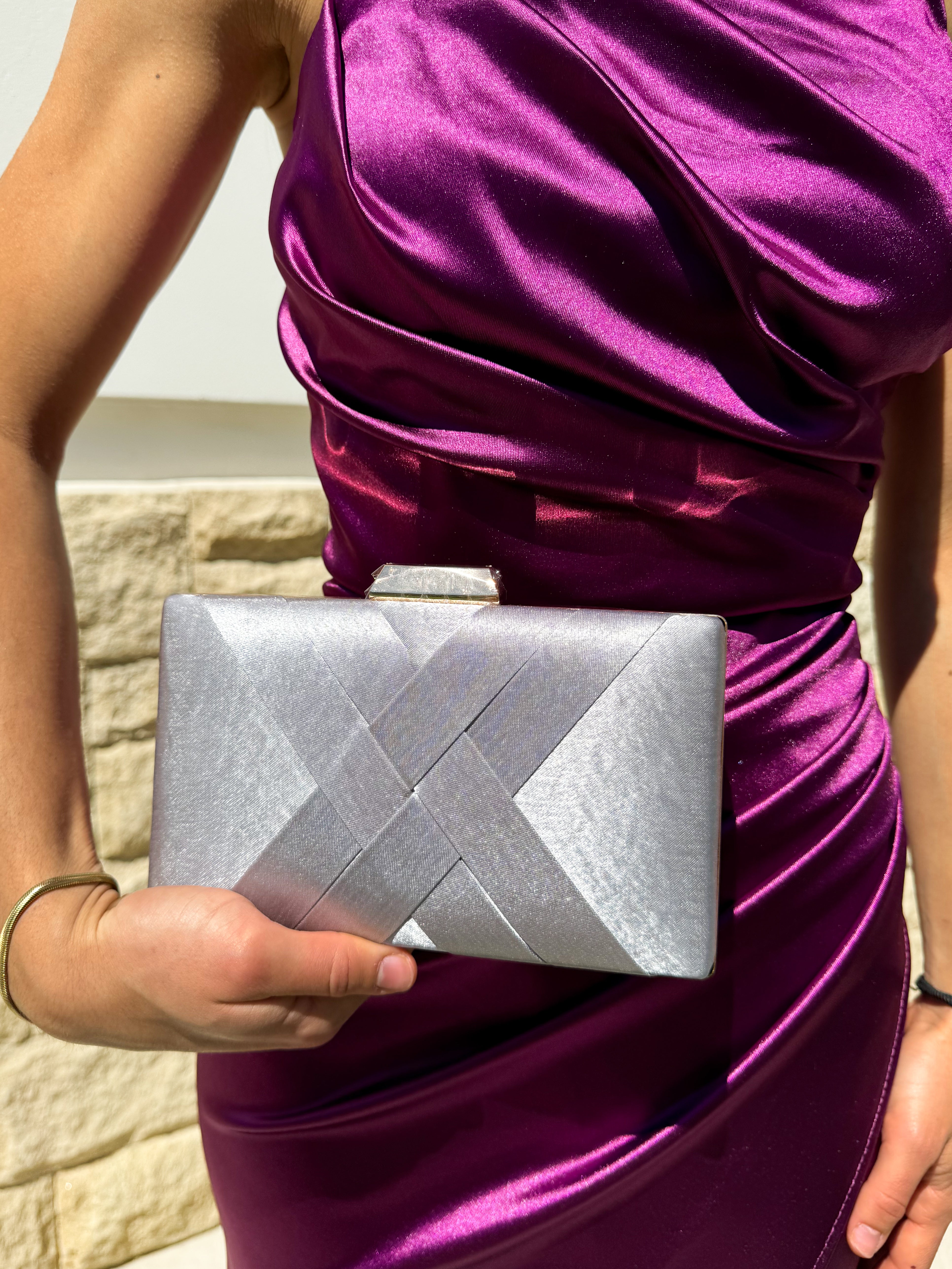 Silver satin clutch