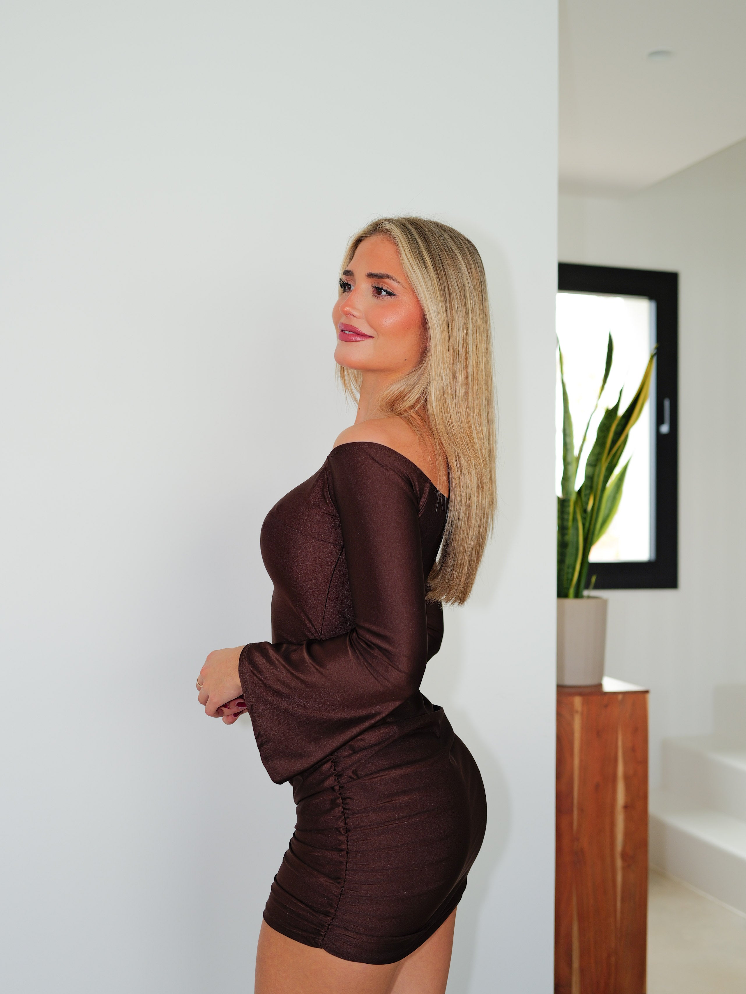 Chocolate satin bardot dress with flared sleeves