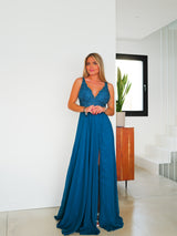 Long dress with V-neckline with petroleum rhinestones