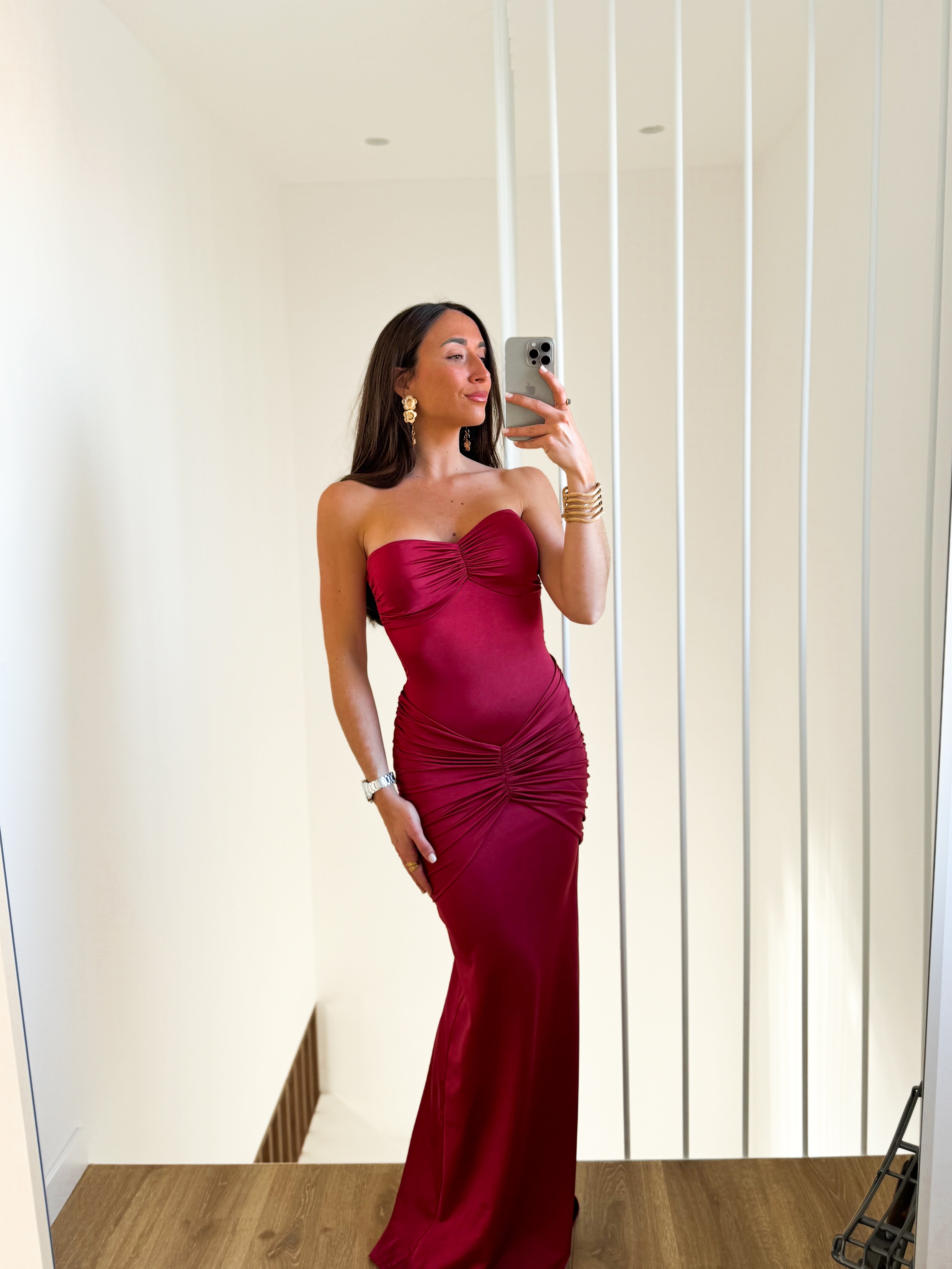 Long burgundy ruffled dress