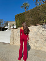 Burgundy double bardot jumpsuit