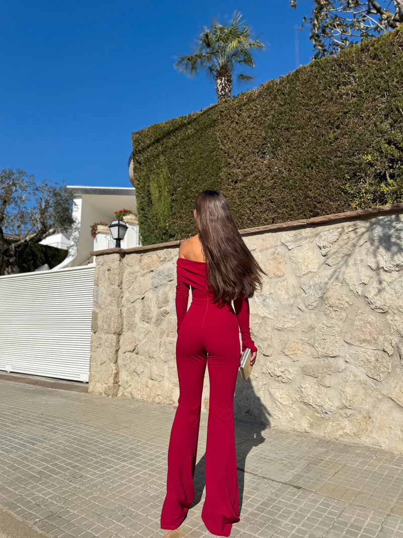 Burgundy double bardot jumpsuit